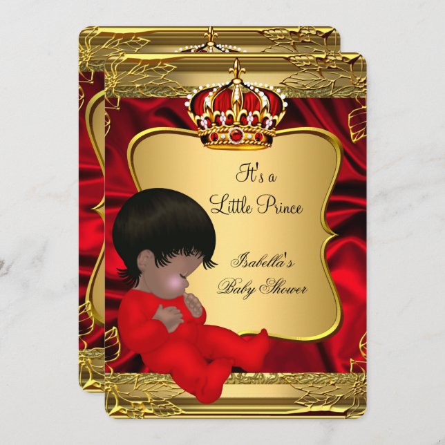 African American Prince Boy Baby Shower Red Gold Invitation (Front/Back)