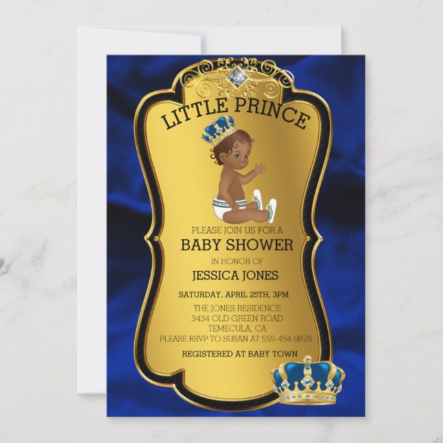 African American Prince Gold Blue Baby Shower Invitation (Front)