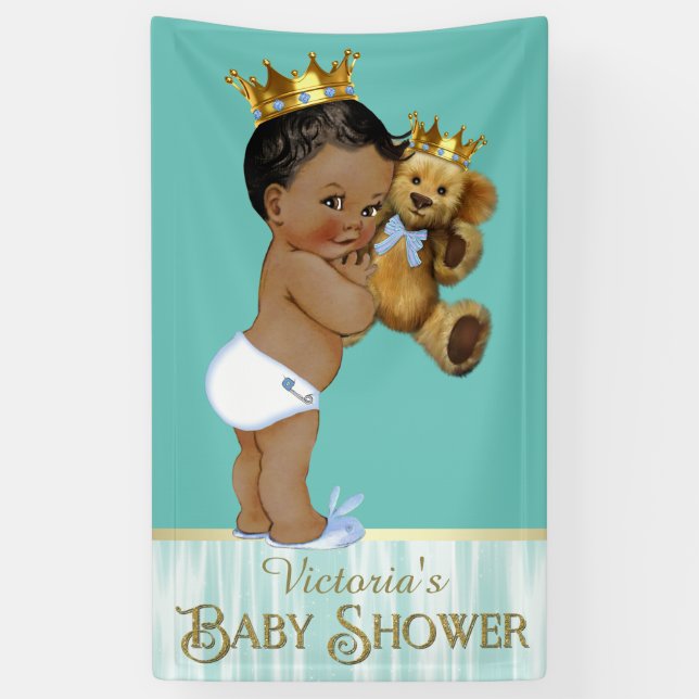 African American Prince Teddy Bear Boy Baby Shower Banner (Vertical)