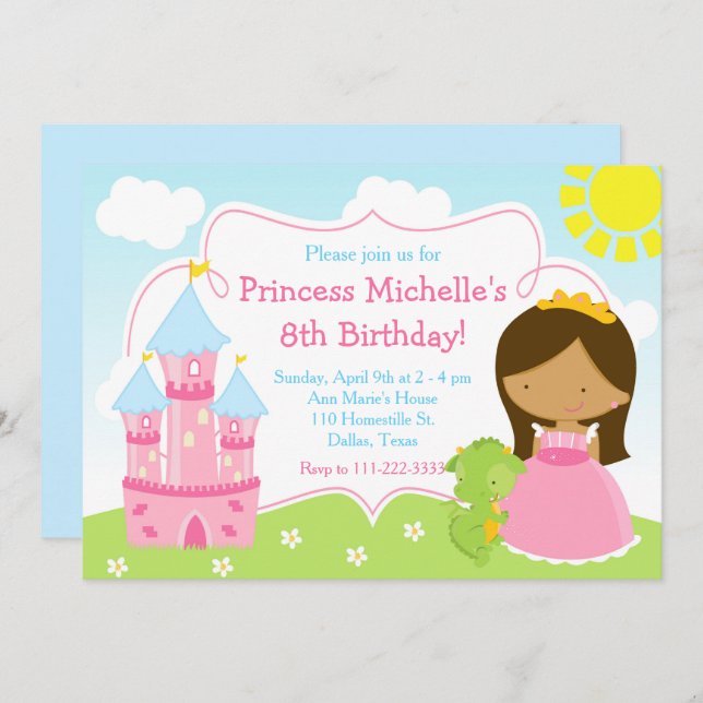 African American Princess and Dragon Birthday Invitation (Front/Back)