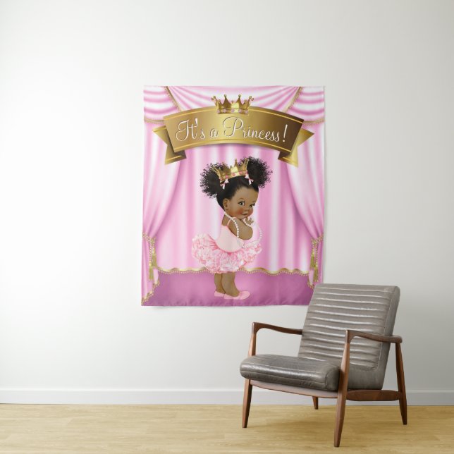 African American Princess Baby Shower Backdrops Tapestry (In Situ)