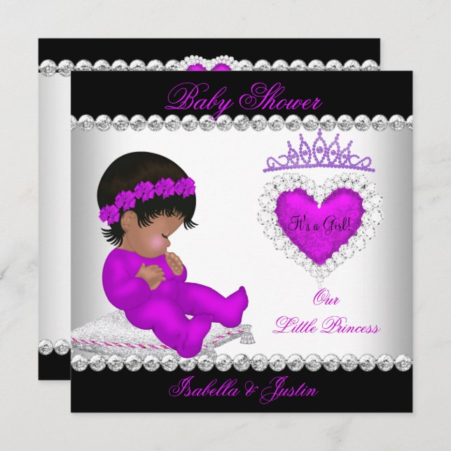 African American Princess Baby Shower Girl Purple Invitation (Front/Back)