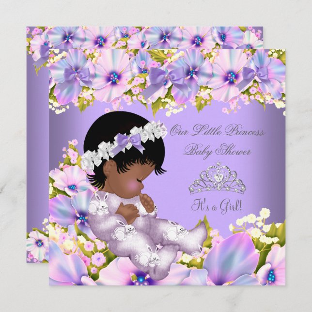 African American Princess Baby Shower Girl Purple Invitation (Front/Back)