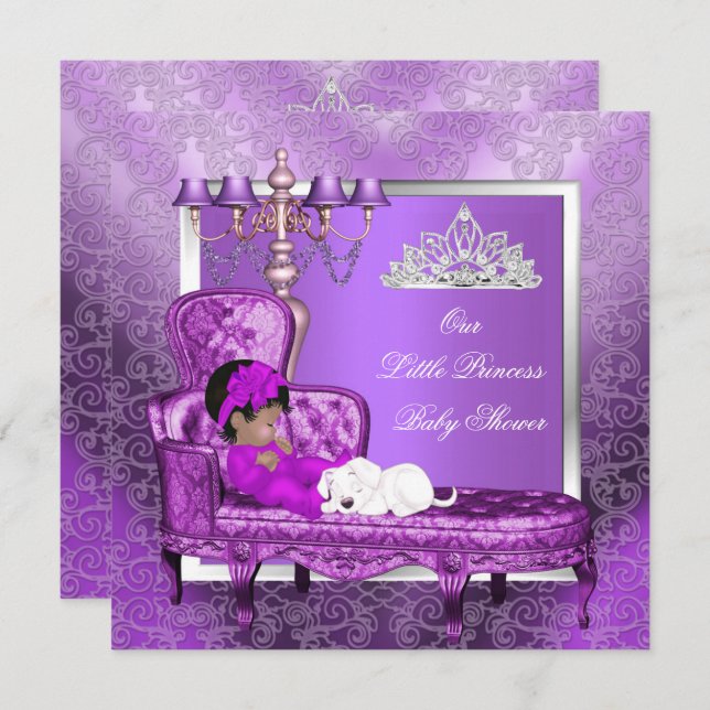 African American Princess Baby Shower Girl Purple Invitation (Front/Back)