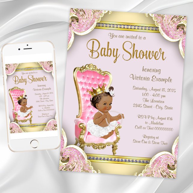 African American Princess Baby Shower Invitations (Fancy pink gold baby shower invitation. Instant download and printed invitations available.)