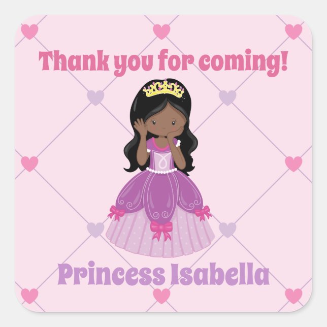 African American Princess Custom Birthday Party Square Sticker (Front)