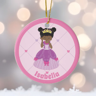 African American Princess Cute Pink Christmas Ceramic Ornament