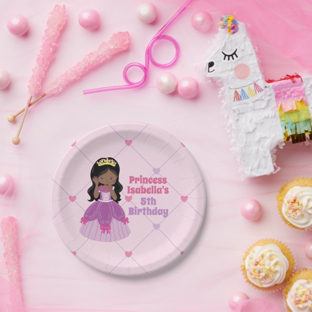 African American Princess Girl Pink Birthday Party Paper Plate (Party)
