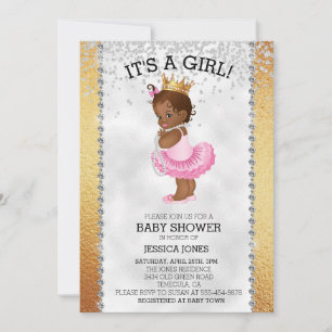 African American Princess Gold Diamond Baby Shower Invitation