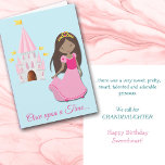 African American Princess Granddaughter Birthday Holiday Card<br><div class="desc">Here is a cute birthday card for the granddaughter or daughter who dreams of being a princess! The front of the card has a pretty African American princess girl wearing a gold crown and a pink dress. Behind her, in the distance, is her pink and white castle with gold flags...</div>