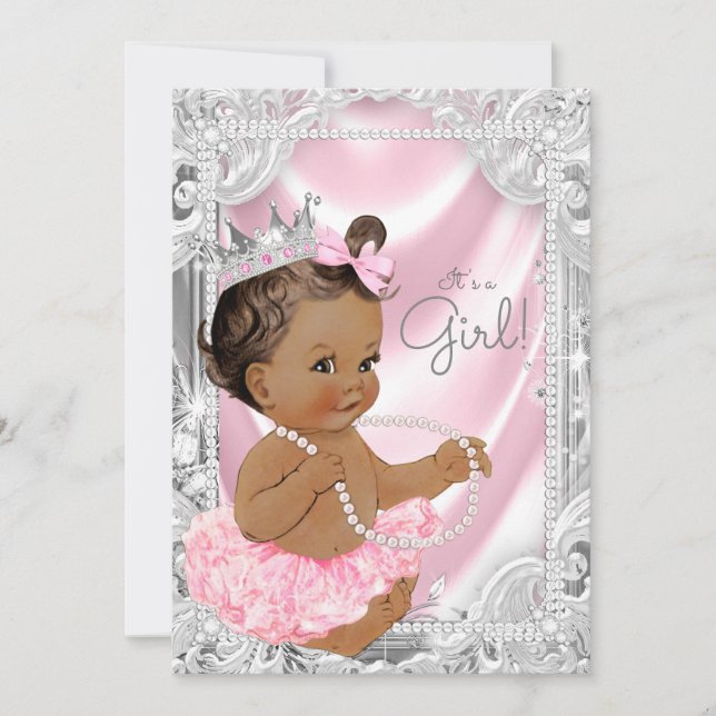 African American Princess Pink Grey Baby Shower Invitation (Front)