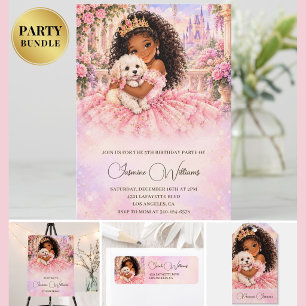 African American Puppy Pink Princess 5th Birthday Invitation