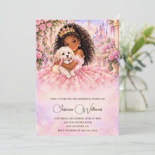 African American Puppy Pink Princess 7th Birthday Invitation