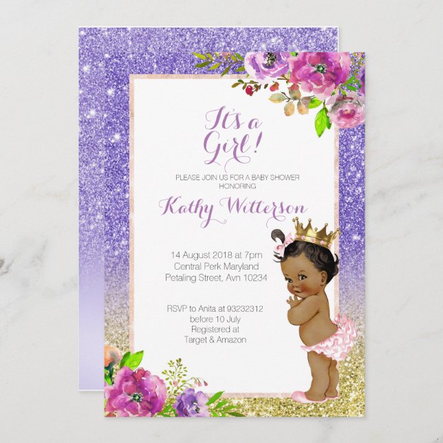 African American Purple Gold Baby Shower Invite (Front/Back)