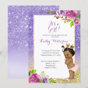African American Purple Gold Baby Shower Invite