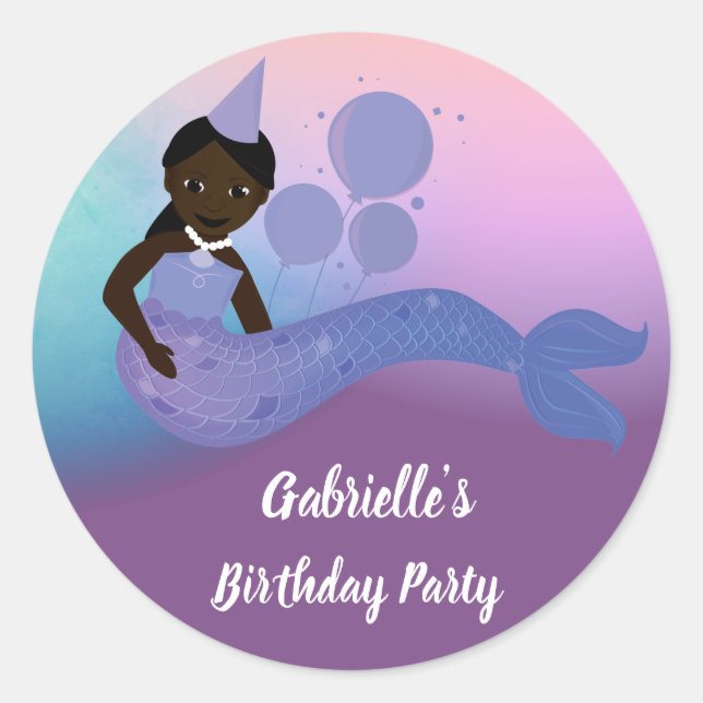 African American Purple Mermaid Birthday Sticker (Front)