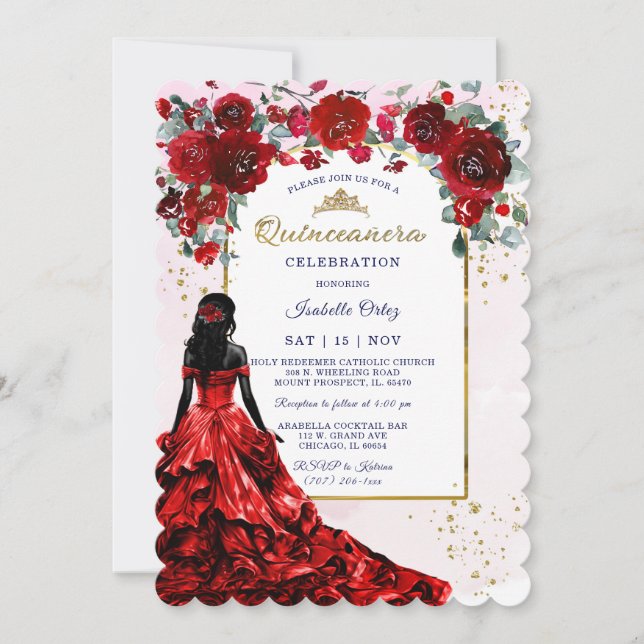 African American Quinceañera Red and Gold Invitation (Front)