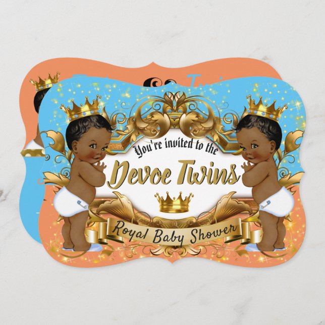 African American Royal Twins Orange|Blue|Gold Invitation (Front/Back)