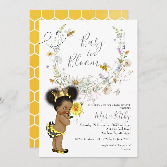 African American Rustic Bee Wildflower Invitation (Front/Back)