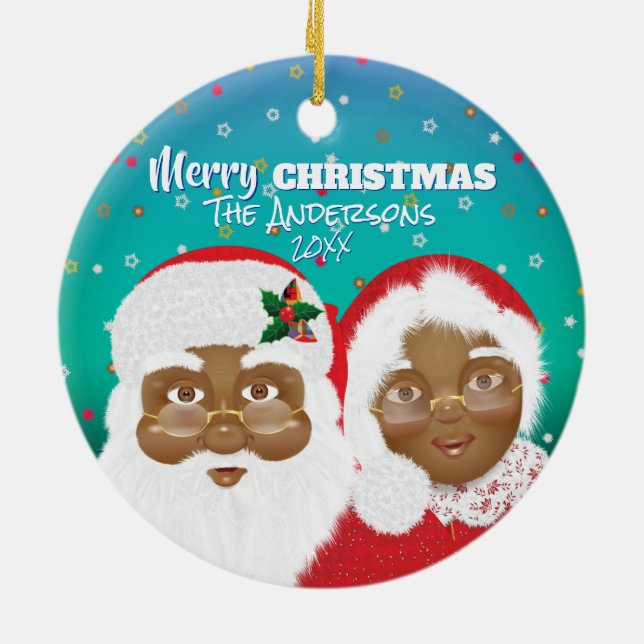 African American Santa and Mrs Claus Christmas Ceramic Ornament (Back)