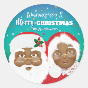 African American Santa and Mrs Claus Christmas Classic Round Sticker