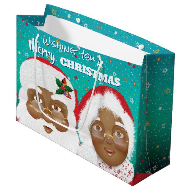 African American Santa and Mrs Claus Christmas Large Gift Bag (Front Angled)