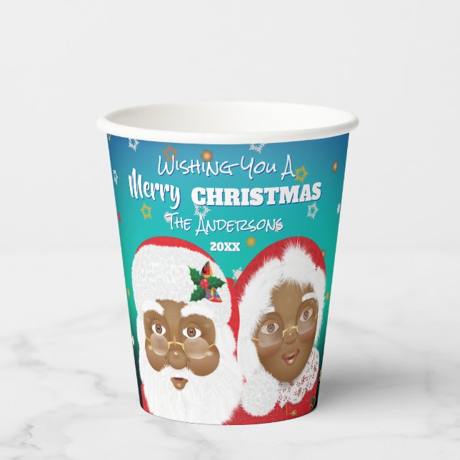 African American Santa and Mrs Claus Christmas Paper Cups (Front)