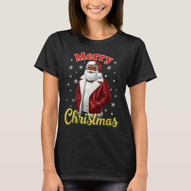 African American Santa Christmas Cool Black X-mas  T-Shirt (Front)