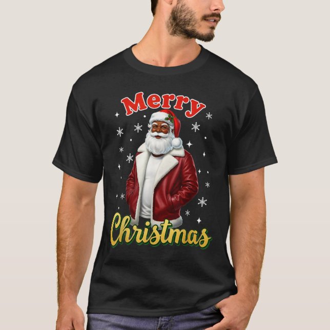 African American Santa Christmas Cool Black X-mas  T-Shirt (Front)