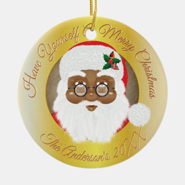 African American Santa Christmas Holiday Ceramic Ornament (Front)