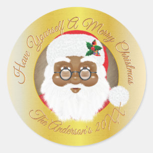 African American Santa Christmas Holiday Gold Classic Round Sticker