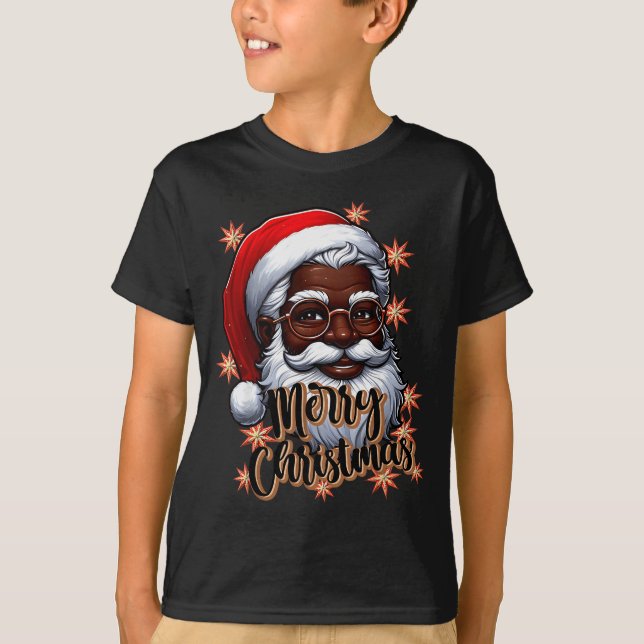 African American Santa Christmas Pajama Black X-ma T-Shirt (Front)