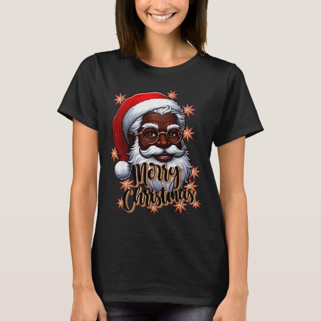 African American Santa Christmas Pajama Black X-ma T-Shirt (Front)
