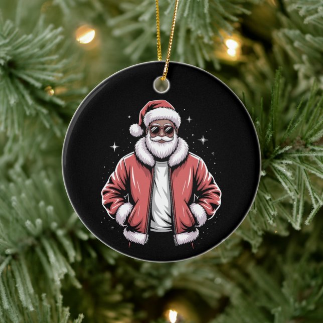 African American Santa Christmas Pajama Cool Black Ceramic Ornament (Tree)
