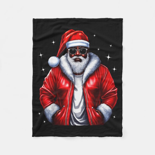 African American Santa Christmas Pajama Cool Black Fleece Blanket (Front)