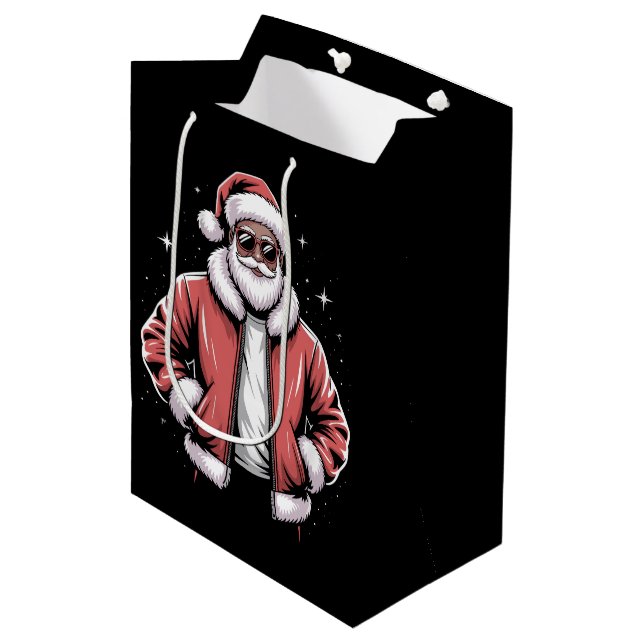 African American Santa Christmas Pajama Cool Black Medium Gift Bag (Front Angled)