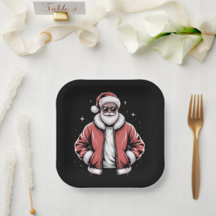 African American Santa Christmas Pajama Cool Black Paper Plate