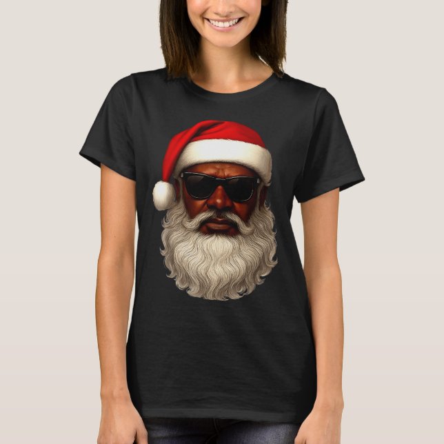 African American Santa Christmas Pajama Cool Black T-Shirt (Front)