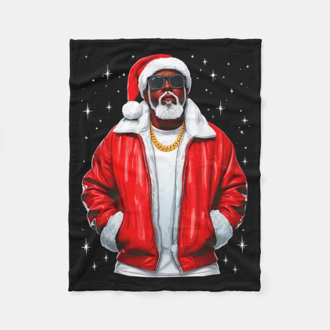 African American Santa Christmas Pajamas Cool Blac Fleece Blanket (Front)