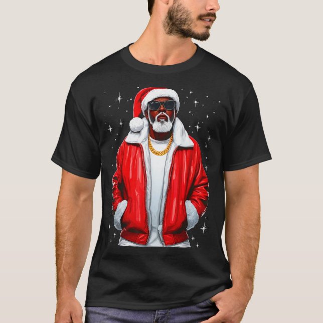 African American Santa Christmas Pajamas Cool Blac T-Shirt (Front)