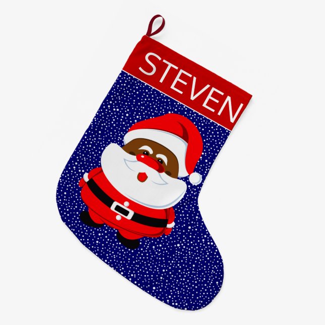African-American Santa Claus Christmas red blue Large Christmas Stocking (Front (Hanging))