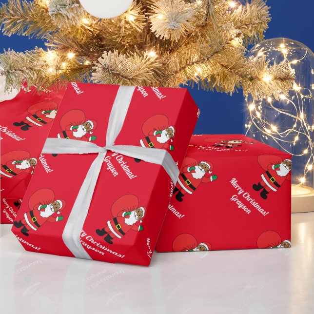 African American Santa Claus Merry Christmas Red Wrapping Paper (Holidays)