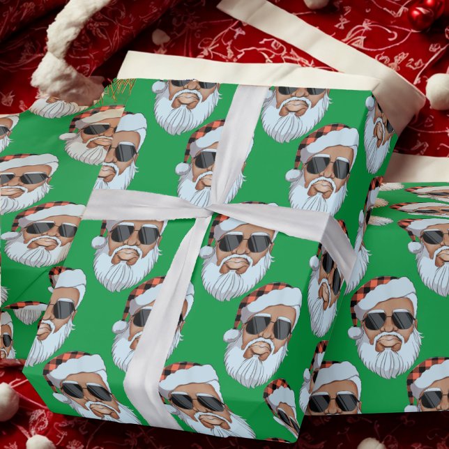African American Santa Face Green Christmas Gift Wrapping Paper (Creator Uploaded)