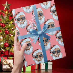 African American Santa Face Pink Christmas Gift Wrapping Paper
