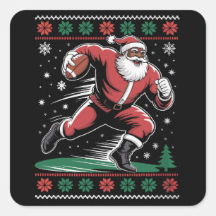 African American Santa Football Ugly Christmas Square Sticker