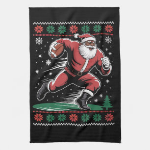 African American Santa Football Ugly Christmas Tea Towel