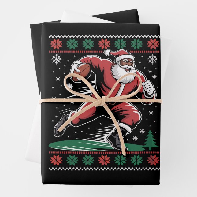  African American Santa Football Ugly Christmas Wrapping Paper Sheet (In situ)