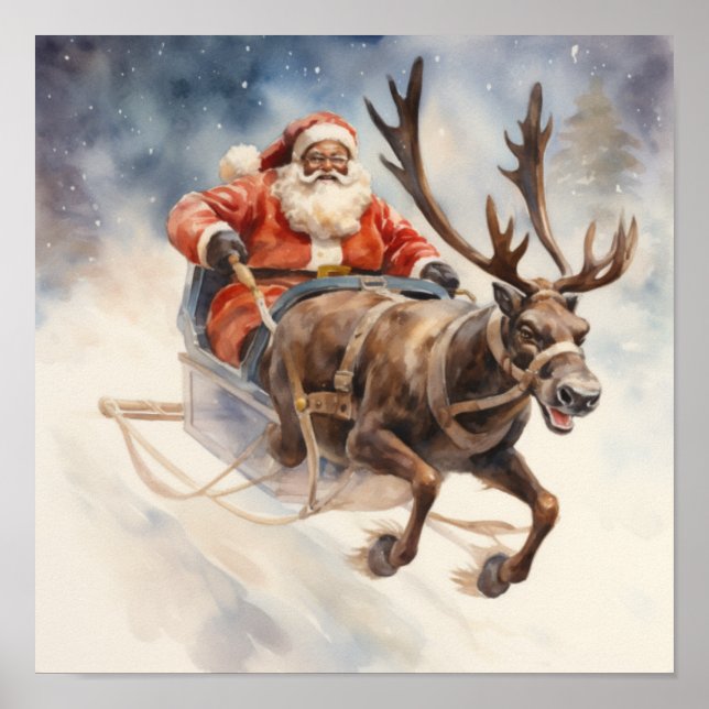 African American Santa Reindeer Flying Sleigh Poster (Front)