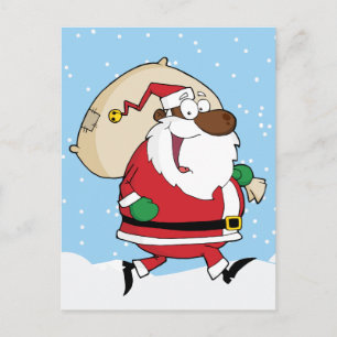 African American Santa Running with Gifts Holiday Postcard