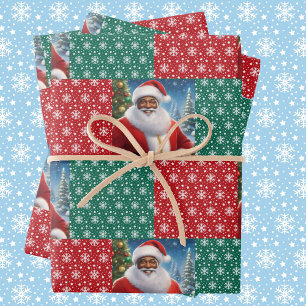 African American Santa Snow in Red & Green Wrapping Paper Sheet